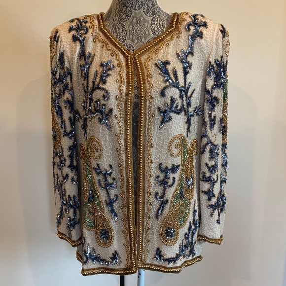 Vintage Jackets & Blazers - Vintage Jakelin Designs Paisley Sequin Beaded Silk Jacket Size Large 80’s 90’s